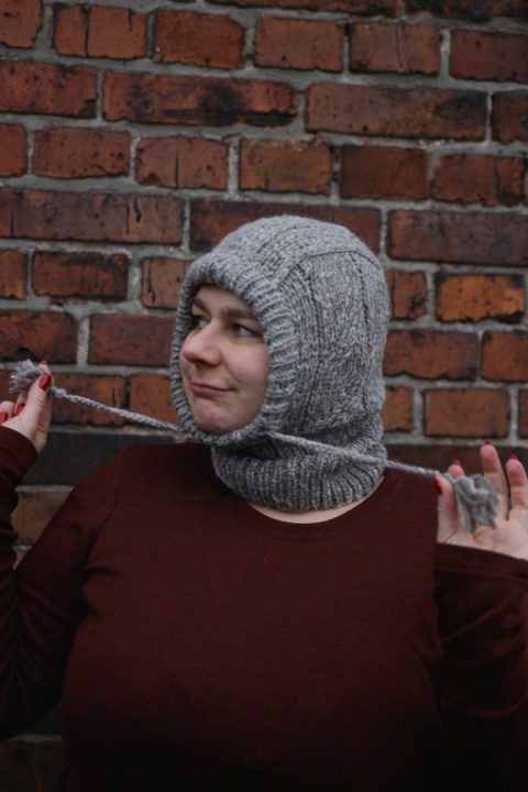 Wełna merino +alpaka balaklava kominiarka SZARA kapturek handmade