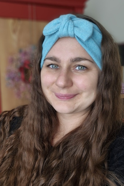 Kaszmir błękitna opaska PREMIUM upcykling średnia grubość puchata z kokardką