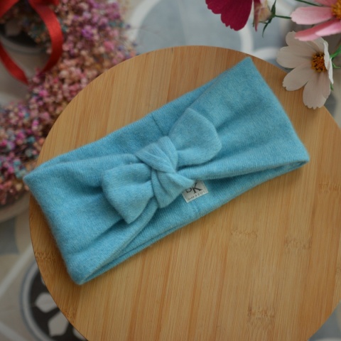 Kaszmir błękitna opaska PREMIUM upcykling średnia grubość puchata z kokardką