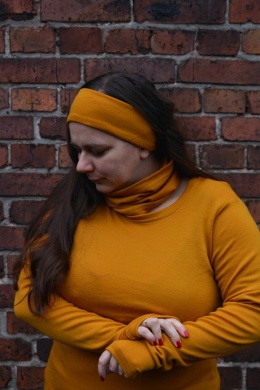 KOMPLET 100% wełna merino komin+opaska MUSZTARDA