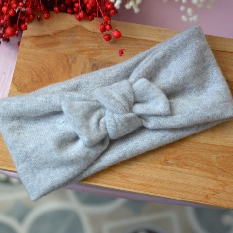 Kaszmir szara opaska PREMIUM upcykling średnia grubość puchata z kokardką