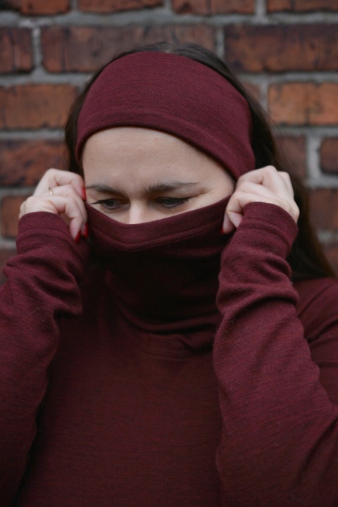 KOMPLET 100% wełna merino komin+opaska WINO