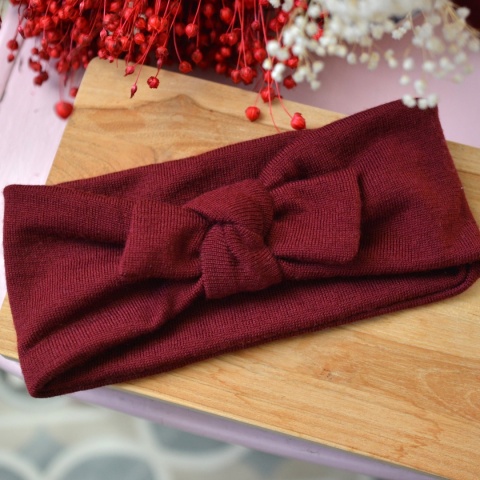 Opaska wiśnia z kokardką MERINO upcykling średnia grubość